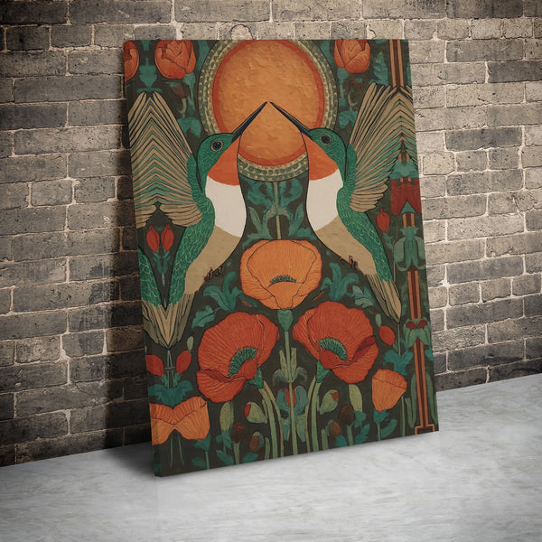 Art Nouveau Canvas Print | Hummingbird And Poppy Botanical Illustration | 1.25 Inch Gallery Wrap Wall Art | Elegant Home Deco