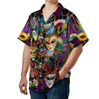 Mardi Gras Hawaiian Shirt | Venetian Mask Carnival Print | Lightweight Woven Polyester | Festival Party Outfit For Men And Women