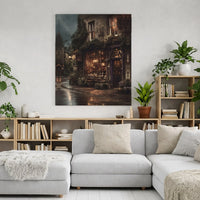 Magical Bookshop Canvas Wall Art | Rainy Old-World Street Scene | Premium Gallery Wrap Print | Whimsical Home Decor Gift